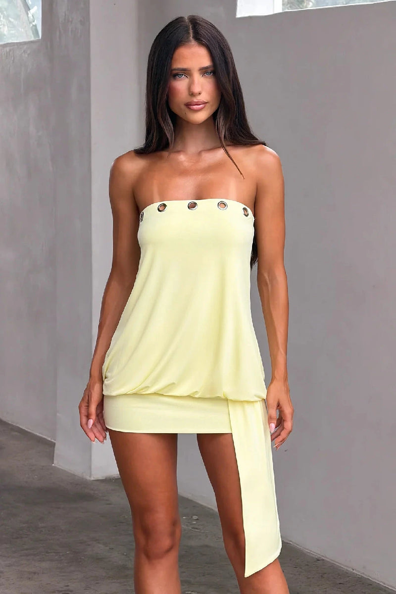 Yellow Eyelet Bodycon Mini Dress