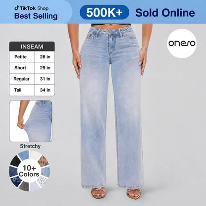 🎉 2026 Sale !! 👖Mid-low Rise BBL Jeans Stretchy Wide Leg Tummy Control Distressed Baggy Denim Pants 🌸