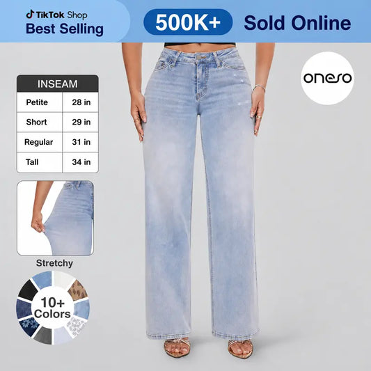 🎉 2026 Sale !! 👖Mid-low Rise BBL Jeans Stretchy Wide Leg Tummy Control Distressed Baggy Denim Pants 🌸