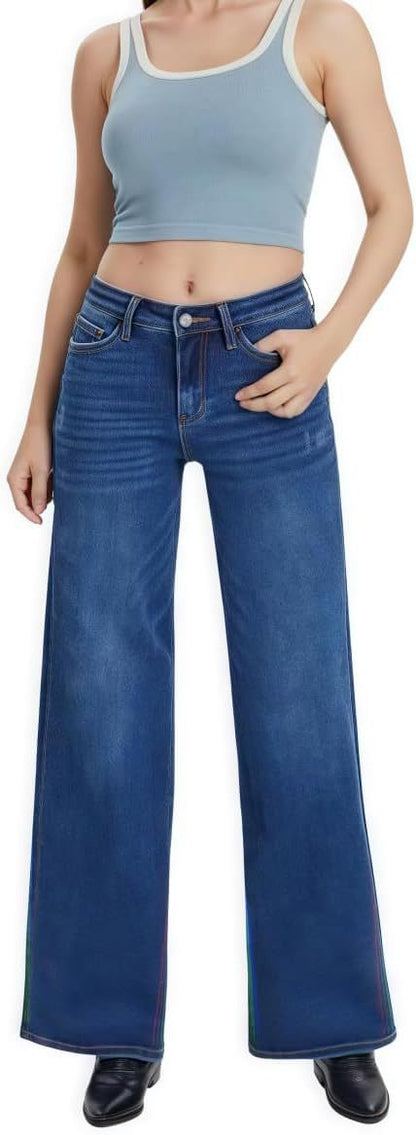 🎉 2026 Sale !! 👖Mid-low Rise BBL Jeans Stretchy Wide Leg Tummy Control Distressed Baggy Denim Pants 🌸
