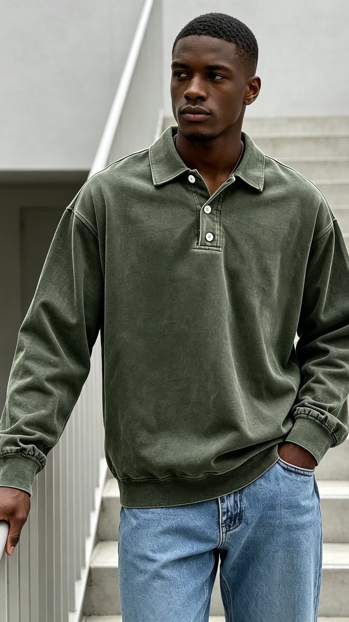 Men's Vintage Washed Long Sleeve Polo Shirt