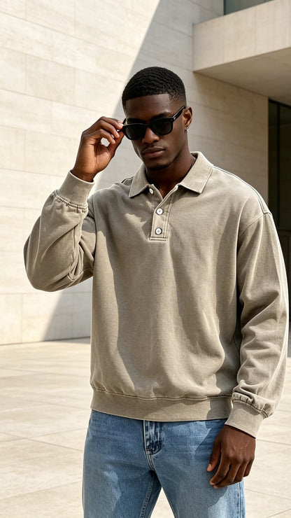 Men's Vintage Washed Long Sleeve Polo Shirt
