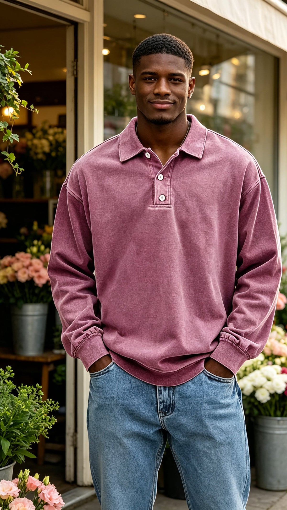 Men's Vintage Washed Long Sleeve Polo Shirt