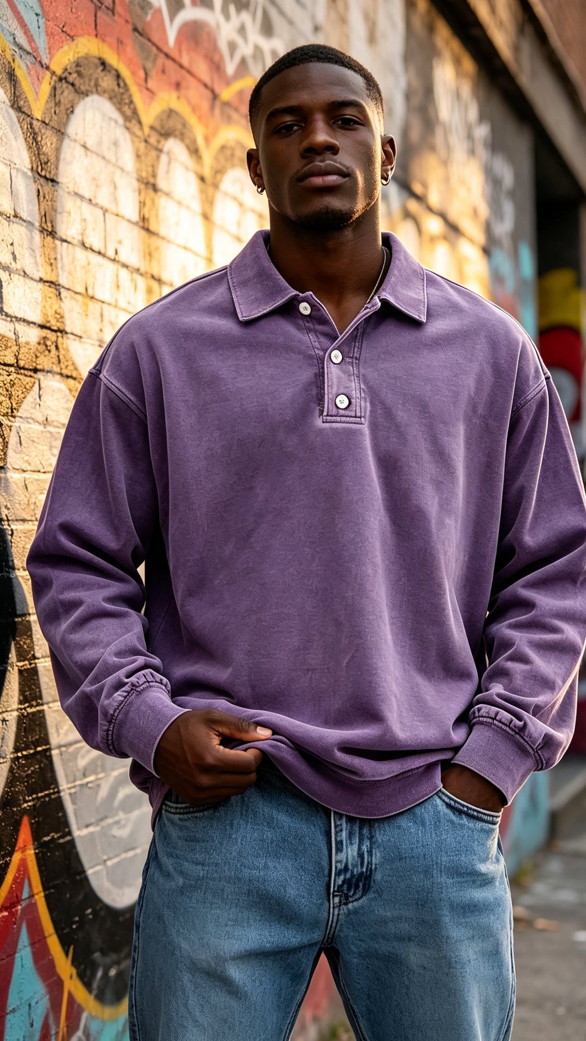 Men's Vintage Washed Long Sleeve Polo Shirt