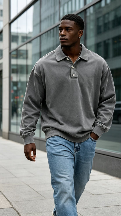 Men's Vintage Washed Long Sleeve Polo Shirt