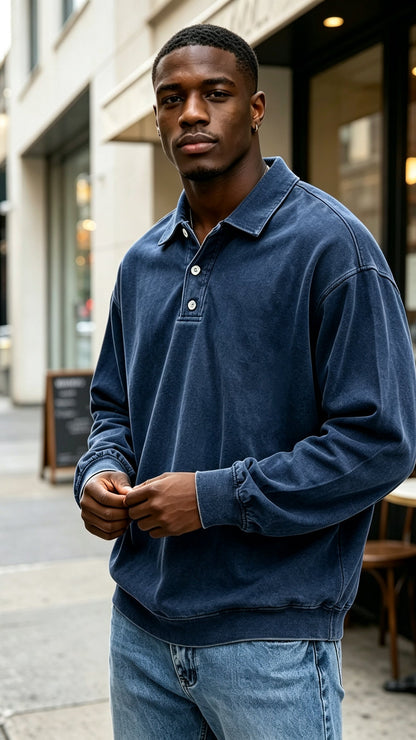 Men's Vintage Washed Long Sleeve Polo Shirt