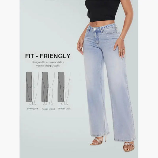 🎉 2026 Sale !! 👖Mid-low Rise BBL Jeans Stretchy Wide Leg Tummy Control Distressed Baggy Denim Pants 🌸