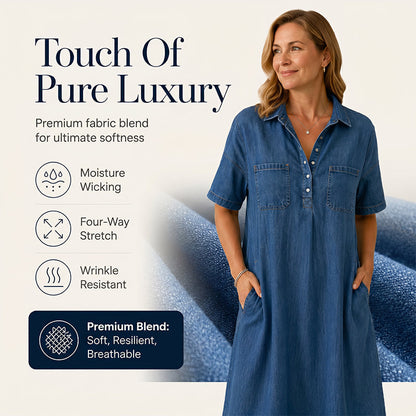 👗Casual Pocket Denim Midi Shirt Dress – Soft denim & relaxed fit – Functional pockets, perfect for everyday casual – comfortable and versatile ✨🌸