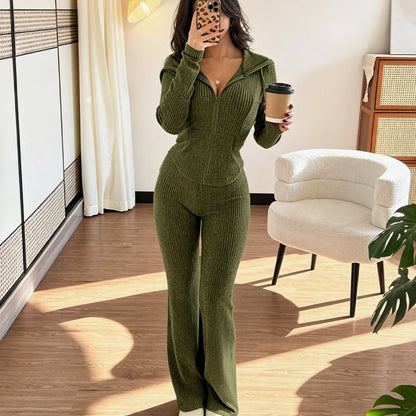Women's Ribbed Hooded Zip-Up Jacket & Flare Pants Set